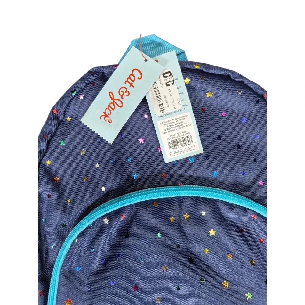 Cat & Jack Kids 16.5 Inch Novelty Backpack Navy Blue Rainbow Metallic Stars NWT